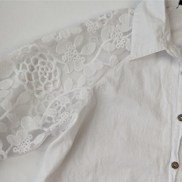 Floral Crochet Mesh Sleeve Cotton Button Down - Picture 2 of 10